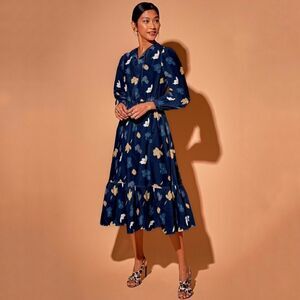 Tucker Juliette Dress Navy Painted Poppies in Ecovero Viscose Crepe Midi Floral